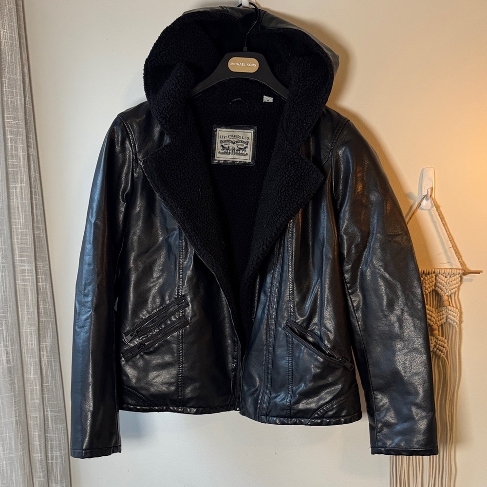 Like New Levi's Black Faux Leather Hooded Shearling Jacket M